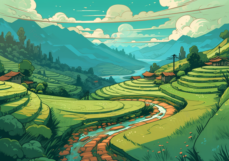 绿色梯田草丛花朵手绘场景,插画/手绘图,插画/手绘图库,插画/手绘图下载,插画/手绘